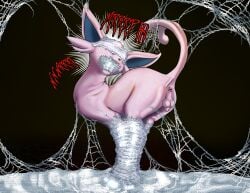 animal_genitalia anus arthropod_webbing balls black_background blindfold bondage bondage bound eeveelution espeon feral feral_bondage gag gagged generation_2_pokemon genitals hi_res male nintendo pokemon pokemon_(species) purple_body raptorroper sheath simple_background solo sound_effects vowelless vowelless_sound_effect web_bondage