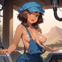 1girls ai_generated atlantis:_the_lost_empire audrey_ramirez blue_hat breast brown_skin c.c.leah dirty exposed_breasts nipples outdoors overalls overalls_down overalls_only solo_focus sweaty thick_lips topless