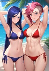2girls abs ai_generated arcane arcane_caitlyn arcane_vi armpits arms_behind_head arms_up ass_visible_through_thighs bangs beach bikini blue_bikini blue_eyes blue_hair blue_sky blush breasts caitlyn_\\\\(league_of_legends\\\\) caitlyn_kiramman cleavage closed_mouth collarbone cowboy_shot dandanhub day ear_piercing earrings halterneck jewelry large_breasts league_of_legends long_hair looking_at_viewer medium_breasts multiple_girls navel ocean outdoors piercing pink_hair red_bikini scar short_hair side-tie_bikini_bottom sky smile stomach swimsuit tattoo toned very_long_hair vi vi_\\\\(league_of_legends\\\\)