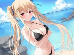 beach bikini blonde_hair blush bow breast_hold breasts cloud long_hair navel original red_eyes ribbon sky swimsuit tagme twintails water