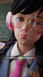 1girls 3d 3difill academy_d.va asian_female braided_hair cum cum_on_face d.va english_text facial female female_only glasses overwatch overwatch_2 school_uniform schoolgirl selfie snapchat text