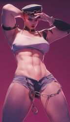 1girls 3d abs alternate_version_available athletic athletic_female breasts cosplay female female_only final_fight fugtrup handcuffs hat looking_at_viewer muscle_mommy muscular muscular_female overwatch pink_hair poison_(final_fight)_(cosplay) short_hair street_fighter zarya