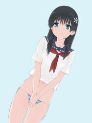 1girls 2020s 2025 absurd_res bikini blue_background blue_eyes blue_sailor_collar collarbone embarrassed female flower frown hair_flower hair_ornament hi_res light-skinned_female light_skin long_hair looking_ahead musaki_(msaki666) navel neckerchief no_skirt red_neckerchief sailor_collar sakugawa_school_uniform saten_ruiko school_uniform schoolgirl serafuku shirt side-tie_bikini_bottom simple_background solo standing stomach swimsuit teenage_girl teenager thighs to_aru_kagaku_no_railgun to_aru_majutsu_no_index white_shirt young