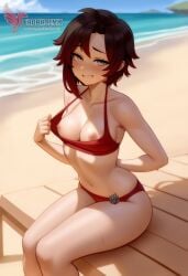 1girls 2d ai_generated ass back barefoot beach beachball big_ass big_breasts bikini black_bikini day erophoenix feet female gradient_hair looking_at_viewer looking_back multicolored_hair nipple_slip nipples outdoors pale_skinned_female patreon_username red_hair ruby_rose rwby short_hair sitting sky smile soles solo swimsuit two-tone_hair umbrella uncensored