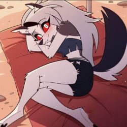 1girls ai_generated anthro beach beach_towel beach_umbrella blush breasts female furry hellhound helluva_boss laying_on_ground laying_on_side long_hair looking_at_viewer looking_back loona_(helluva_boss) loonaqueen shirt shorts smile smiling_at_viewer tagme vivienne_medrano vivziepop wolf wolf_girl