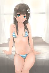 1girls 2020s 2024 absurd_res bare_shoulders bed bikini black_hair blue_bikini blue_eyes breasts collarbone feet_out_of_frame female flower hair_flower hair_ornament hair_over_shoulder hi_res indoors light-skinned_female light_skin looking_at_viewer musaki_(msaki666) navel saten_ruiko sitting small_breasts smile smiling_at_viewer solo stomach striped_bikini striped_clothes swimsuit teenage_girl teenage_tits teenager thigh_gap to_aru_kagaku_no_railgun to_aru_majutsu_no_index young