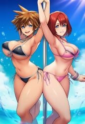 2girls ai_generated beach bikini blue_eyes brown_hair disney female genderswap genderswap_(mtf) kairi kingdom_hearts pole_dancing red_hair rule_63 short_hair sora_(kingdom_hearts) square_enix water