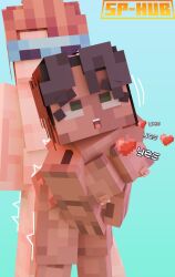 1boy 1boy1girl 1girls 3d ahe_gao blue_glasses brown_hair completely_nude dana_(thirteen_lights) dark-skinned_female dark_skin female green_eyes heart_symbol huge_breasts lololowka lololowka_(character) male minecraft naked original_character sex sphub square_body text