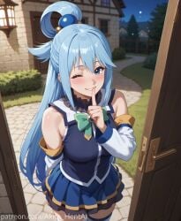 1girls ai_assisted ai_generated akira_hentai aqua_(konosuba) blue_hair blush breasts date dating door female flirting horny in_doorway inviting kono_subarashii_sekai_ni_shukufuku_wo! konosuba looking_down opening patreon_reward patreon_username shushing skirt solo
