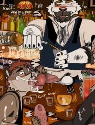 2025 age_difference alcohol ambiguous_species anthro areola arm_hair armpit_hair balls bar bartender beard belt beverage big_balls big_penis blush bodily_fluids body_hair bottle bottomwear bubble chest_hair claws clothing cocktail_glass collared_shirt container cougar cum cum_in_mouth cum_inside cum_on_arm cum_on_face cum_on_shoulder cum_on_tongue cumshot cup dialogue dress_shirt drinking_glass drunk drunk_bubble drunk_sex duo_focus ear_piercing ejaculation employee english_text erection eyebrows facial_hair facial_piercing father_(lore) father_and_child_(lore) father_and_son_(lore) felid feline foreskin fur genital_fluids genitals glans glass glass_bottle glass_container glass_cup group hair handjob hi_res holding_object humanoid_genitalia humanoid_penis incest_(lore) inside jerro licking licking_lips licking_own_lips male male/male mammal masturbation necktie nipples nose_piercing nose_ring one_eye_closed onomatopoeia open_mouth oral orgasm painterly pants parent_(lore) parent_and_child_(lore) parent_and_son_(lore) penile penile_masturbation penis penis_lick piercing pouring pubes public public_sex ring_piercing self_lick sex shirt shot_glass signature son_(lore) sound_effects standing substance_intoxication sweat tank_top teeth text tongue tongue_out topwear trio tuft uncircumcised unprofessional_behavior unretracted_foreskin unzipped vein vest voyeur zipper