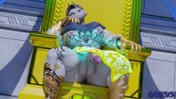 16:9 3d_(artwork) 5_fingers anthro arm_tattoo balls black_hair camseven chair cheek_tuft chest_tattoo closed_frown digital_media_(artwork) domestic_cat epic_games eye_scar facial_scar facial_tuft felid feline felis fingers fortnite frown fur fur_tuft furniture futanari genitals gold_body hair herm hi_res intersex leg_tattoo male mammal meowdas mouth_closed nipples on_chair penis scar sitting sitting_on_chair sitting_on_throne solo tattoo throne tuft white_body white_fur widescreen