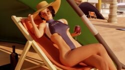 1girls 3d bathing_suit beach deck_chair drunk female jill_valentine looking_at_viewer looking_over_eyewear looking_over_sunglasses resident_evil sitting sun_hat sunglasses throwingblue tinted_eyewear wine wine_glass