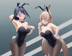 2girls absurd_res absurdres armpits bare_armpits bare_arms bare_chest bare_hands bare_shoulders bare_skin belly_button black_bowtie black_bunny_ears black_bunnygirl_costume black_bunnysuit black_hair black_hair_female black_hairband black_leotard black_topwear blue_eyes blue_eyes_female bowtie breasts brown_eyebrows brown_hair brown_hair_female bunny_ears bunny_tail bunnygirl bunnygirl_outfit cleavage collar collarbone curvaceous curvaceous_body curvaceous_female curvaceous_figure curvaceous_hips curvy curvy_body curvy_female curvy_figure curvy_hips earrings elbows exposed_armpits exposed_arms exposed_chest exposed_shoulders exposed_skin eye_closed female female_focus female_only fingernails fingers grey_background groin hair_between_eyes hairband high_resolution highres hololive hourglass_figure large_breasts lean_figure legs_closed legs_together legwear leotard lio_wart long_hair looking_at_viewer multiple_females multiple_girls nanashi_mumei narrow_waist navel one-eye_closed one_eye_closed one_eye_open open_mouth open_mouth_smile ouro_kronii pantyhose parted_lips ponytail shoulders simple_background slender_body slender_waist slim_waist standing stockings thick_thighs thighs tongue topwear upper_body very_long_hair virtual_youtuber vtuber vtuberfanart white_collar white_wrist_cuffs wide_hips wrist_cuffs yellow_eyes yellow_eyes_female