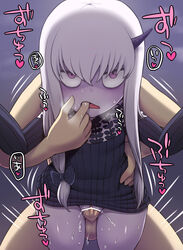 1boy bar_censor bow censored fate/grand_order fate_(series) female finger_in_another's_mouth hair_between_eyes hairbow highres horn lavinia_whateley_(fate/grand_order) long_hair open_mouth penis purple_eyes purple_skin pussy_juice rantana_(lalalalackluster) sanpaku sex solo_focus straight sweat vaginal_penetration white_hair