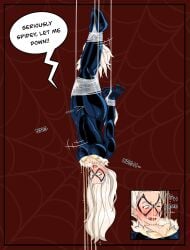 2d 2d_(artwork) arms_behind_back black_cat_(marvel) blush bodysuit bondage catsuit cleavage crying crying_with_eyes_open dialogue dialogue_bubble domino_mask embarrassed felicia_hardy fur_trim green_eyes latex_bodysuit latex_catsuit latex_clothing latex_suit leaking_pee marvel marvel_comics omorashi pee_holding pee_in_hair pee_leak pee_on_face peeing peeing_on_face peeing_self rroostersauce skin_tight sound_effects speech_bubble spider-man_(series) tears tied_up upside-down urine urine_on_face wetting wetting_self white_hair