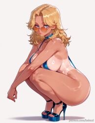 ai_generated balecxi blonde_hair blue_eyes blue_footwear choker fantastic_four female full_body high_heels hoop_earrings invisible_woman invisible_woman_(marvel_rivals) jewelry large_breasts long_hair looking_at_viewer looking_over_eyewear marvel marvel_rivals mature_female milf orange-tinted_eyewear patreon_username platform_footwear platform_heels simple_background slingshot_swimsuit solo squatting sue_storm sunglasses superheroine swimsuit tan tanlines thighs tinted_eyewear white_background