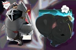 2024 anthro ass balls bear black_bear black_body black_fur butt_grab clothed clothing dancing digital_media_(artwork) english_text fangs fur gear genitals hand_on_butt hi_res hypnosis knight magic male male_only mammal melee_weapon mind_control mostly_nude nude overweight overweight_anthro overweight_male pose rear_view satsui-n0-had0u solo stun sun_bear sword tail teeth text ttease ursine veil warrior weapon