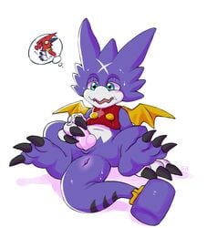 1boy 2017 anthro anus blue_eyes blush bottomless claws clothed clothing cum digimon gumdramon male male_only open_mouth penis pink_penis precum purple_body shoutmon simple_background solo spookybooty spread_legs spreading white_background white_body wings