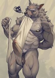 1boy abs animal_ears arm_behind_back bara bare_pectorals biceps black_fur blaidd_the_half-wolf bulge closed_mouth dog_nose elden_ring english_commentary erection erection_under_clothes fang_out fundoshi furry furry_male highres japanese_clothes lhjal2 looking_at_penis looking_down male_focus multiple_scars muscular muscular_male nipples oerba_yun_fang paid_reward_available pectorals penis_under_clothing scar scar_on_arm scar_on_face scar_on_leg squiggle testicle_peek testicles topless_male tying_fundoshi veins wolf_boy wolf_ears