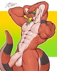 2025 abs anthro biceps black_body black_tail bodily_fluids cobra countershading fangs food foreskin genitals gradient_background green_eyes hand_on_head head_markings hi_res legged_snake looking_at_viewer male markings multicolored_body multicolored_tail muscular muscular_anthro muscular_male nude pecs penis popsicle raised_arm red_body red_tail reptile rit_(zi_ran) scalie simple_background snake solo sweat tail tail_markings teeth tongue triceps white_body white_tail yellow_eyes ziran