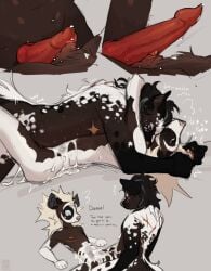 andromorph animal_genitalia animal_penis big_clitoris black_hair blonde_hair bodily_fluids brown_body brown_fur canine_genitalia canine_penis clitoris closed_eyes cocoa_hooves_(osdok) cum cum_drip cumshot dialogue dripping ejaculation english_text erection frottage fur genital_fluids genitals grey_background hair hi_res humanoid_genitalia humanoid_pussy hyena intersex knot looking_back male mammal mastectomy_scar nude orgasm osdok penile penis penises_touching precum precum_drip precum_string pussy scar sex simple_background spotted_hyena text trans_(lore) trans_man_(lore) visibly_trans white_body white_fur wide_eyed
