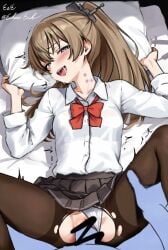 1boy :d absurdres bed_sheet black_pantyhose black_skirt blue_eyes blush bow bowtie breasts brown_hair censored clothing_aside collarbone collared_shirt commentary_request commission dress_shirt drugged eckert&eich feet_out_of_frame female hair_between_eyes hands_up heart heart_in_eye highres kantai_collection kumano_(kancolle) leg_grab long_hair long_sleeves looking_at_viewer loose_bowtie lying male miniskirt motion_lines on_back on_bed open_mouth panties panties_aside pantyhose penis pillow pillow_grab pleated_skirt ponytail pov pussy red_bow red_bowtie saliva saliva_trail scribble_censor sex shirt sidelocks signature skeb_commission skirt small_breasts smile solo_focus spread_legs straight symbol_in_eye syringe teeth torn_clothes torn_pantyhose track_marks twitter_username underwear upper_teeth_only vaginal_penetration white_panties white_shirt