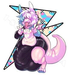 2023 anthro balls bare_chest big_balls big_bulge big_penis bulge clothing digitigrade dragon ear_piercing genitals gesture hair hair_over_eyes hand_gesture hi_res highlights_(coloring) huge_balls huge_bulge huge_cock hyper hyper_balls hyper_bulge hyper_genitalia hyper_penis male mythological_creature mythological_scalie mythology navel nipples nonbinary_(lore) penis piercing scales scalie small_wings solo tail thick_tail tongue tongue_out tongue_piercing tracksuit v_sign vawentine watermark white_body white_scales wings