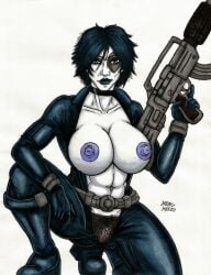 1girls belt big_breasts black_bodysuit black_boots black_choker black_clothing black_gloves black_hair black_lips black_lipstick blue_eyes bodysuit boots breasts busty choker crouching curvy curvy_body curvy_female curvy_figure domino_(marvel) female female_only female_pubic_hair gloves gun hairy_pussy holding_gun holding_weapon human large_breasts looking_at_viewer marvel marvel_comics merc_kaiju navel neena_thurman nipples pale-skinned_female pale_skin partially_clothed pubic_hair pussy rifle self_upload short_hair solo solo_female tight_bodysuit tight_clothing traditional_art traditional_media traditional_media_(artwork) trigger_discipline unzipped_bodysuit x-force x-men