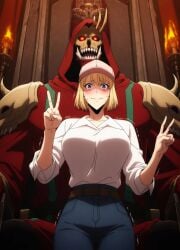ai_generated blonde_hair blush clothed clothed_female clothed_male clothing female glowing_eyes human human_female larger_male light-skinned_female light_skin looking_at_viewer male male/female monster orc orc_male purple_eyes red-skinned_male red_eyes red_skin scared sitting sitting_on_throne size_difference smaller_female sweat throne v_sign