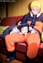 1boy ai_generated artist_name black_hair blonde_hair blue_eyes blunt_bangs blush couch couple erection facial_mark fellatio female forehead_protector hand_on_another's_head hyuuga_hinata indoors jacket just_pepel long_sleeves male multicolored_jacket naruto open_fly oral orange_jacket orange_pants pants penis purple_eyes short_hair sitting spiked_hair straight uncensored whisker_markings white_eyes