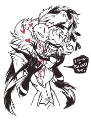 1boy 1girls 2025 2d bodily_fluids clothed clothing color cyclops english english_text female genitals hazbin_hotel heart_symbol male niffty pubic_hair pussy red_saliva size_difference stockings text tongue tongue_out twiggietime vagina valentino_(hazbin_hotel) vivienne_medrano watermark white_background