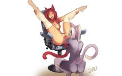 2girls ahe_gao altera_(faust_sketcher) anal anal_fisting animal_ears breasts cavity_search faustsketcher female final_fantasy final_fantasy_xiv fisting green_eyes holding_legs masturbation miqo'te multiple_girls nipples photoshop purple_eyes purple_hair pussy red_hair tail thighhighs uncensored wet white_background yuniko_(faust_sketcher) yuri