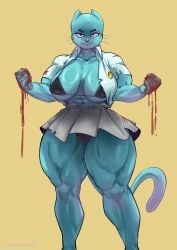 2025 5_fingers abs angry anthro artist_name big_breasts big_muscles biped black_bra black_clothing black_panties black_underwear blood blood_drip blood_on_hand blue_body blue_fur bodily_fluids bottomwear bra breasts camel_toe cartoon_network clothed clothing colored domestic_cat dripping felid feline felis female fingers fist front_view full-length_portrait fur grey_bottomwear grey_clothing grey_skirt hi_res huge_breasts humanoid_hands jacket long_tail looking_at_viewer mammal muscular muscular_anthro muscular_arms muscular_female muscular_legs muscular_thighs narrowed_eyes nicole_watterson open_clothing open_jacket open_topwear panties portrait simple_background skimpy skirt solo standing tail text the_amazing_world_of_gumball thedarkzircon thick_thighs topwear torn_jacket underwear white_clothing white_jacket white_topwear yellow_background
