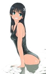 1girls 2020s 2025 absurd_res ass black_hair black_one-piece_swimsuit blue_eyes breasts collarbone female flower hair_flower hair_ornament hi_res highleg_one-piece_swimsuit highres light-skinned_female light_skin long_hair musaki_(msaki666) one-piece_swimsuit pool saten_ruiko school_swimsuit small_breasts smile swimsuit teenage_ass teenage_girl teenage_tits teenager to_aru_kagaku_no_railgun to_aru_majutsu_no_index wet young
