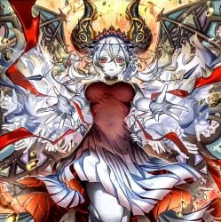 blazing_cartesia_the_virtuous blazing_cartesia_the_virtuous_(alternate_artwork) dragon_girl dragon_horns dragon_wings giant_wings large_breasts large_horns long_hair outstretched_arms pale_skin pale_skinned_female red_dress red_eyes super_long_hair valkris9 yu-gi-oh!