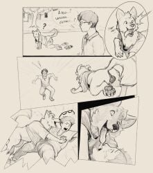 after_transformation balls bodily_fluids canid canine canis claws clothing comic discarded_clothing domestic_dog drooling duo eyewear feral genitals glasses happy hi_res honest_radish human implied_transformation male male/male mammal pawpads pounce saliva shirt smile surprise teeth tongue tongue_out topwear