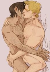 2boys beard_stubble blonde_hair body_hair brown_hair choking closed_eyes curly_(mouthwashing) french_kiss gay gay_kissing gay_male grabbing_ass grabbing_neck hair_over_face hairy_male homo homosexual homosexual_male jimmy_(mouthwashing) making_out male missionary_position mouthwashing mouthwashing_(game) on_back on_bed portrait spreading_legs