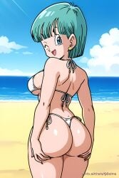 ai_generated beach bulma_briefs dragon_ball dragon_ball_z hands_on_ass large_breasts pinku.ai thong_bikini white_side-tie_bikini wink