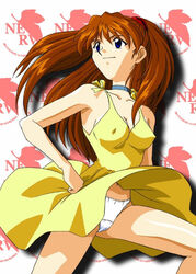 asuka_langley_sohryu blue_eyes clothing dress erect_nipples erect_nipples_under_clothes female hair long_hair neon_genesis_evangelion nerv orange_hair panties pantyshot posing red_hair small_breasts sundress underwear yellow_dress