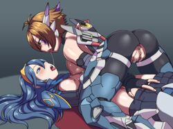 2girls ass blue_eyes blue_hair breasts breasts_out brown_hair cross_(xenoblade_x) crossover crotch_cutout dynamo-x elbow_gloves eye_contact fingering fire_emblem fire_emblem_awakening gloves green_eyes highres long_hair lucina_(fire_emblem) lying multiple_girls nintendo nipples on_back open_mouth pussy saliva saliva_trail short_hair sideboob sweat thighhighs tongue tongue_out xenoblade_(series) xenoblade_chronicles xenoblade_chronicles_x yuri