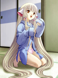 acid_head blonde_hair brown_eyes chii chobits happy kneeling long_hair moe oversized_clothes panties persocom pink_panties robe underwear