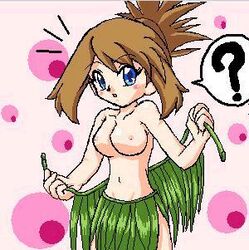 1girls blue_eyes breasts_out brown_hair clueless color female female_only grass_skirt hair human human_only leaf_clothing light_brown_hair may_(pokemon) no_bandana plant_clothing pokemon pokemon_(manga) pokemon_adventures sapphire_birch_(pokemon) solo straight_hair tagme topless topless_female