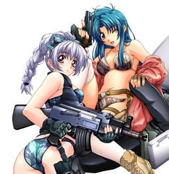 2girls braid female female_only full_metal_panic gun kaname_chidori looking_back multiple_girls open_mouth teletha_testarossa weapon white_background