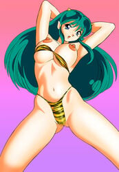 1girls bikini blue_eyes breasts censored female green_hair horns humanoid large_breasts light-skinned_female light_skin long_hair looking_at_viewer lum nipples okamoto_fujio oni pointy_ears princess solo tagme tiger_print urusei_yatsura