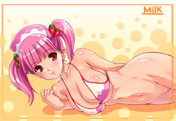 1girls akamaru bb bemani bikini bottomless breasts female food food_themed_clothes fruit huge_breasts large_breasts milk milk_(pop'n_music) nipples nipples_visible_through_clothing nurse pink_hair pop'n_music red_eyes solo strawberries strawberry swimsuit tied_hair twintails