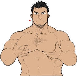 1boy bara beard_stubble big_chest body_hair chest chest_hair dark_hair groping heart looking_at_viewer male_focus male_only muscle muscular muscular_arms muscular_chest muscular_male naop naop_(anything) pecs presenting scar short_hair solo white_background