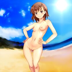 10s 1girls 2017 ass_visible_through_thighs beach blue_sky breasts brown_eyes brown_hair completely_nude completely_nude_female contrapposto day female gluteal_fold hair_ornament hairclip hands_on_hips innie_pussy looking_at_viewer misaka_mikoto navel nike_(0306) nipples nude nude_female outdoors public pussy short_hair sky small_breasts smile solo standing sun teenage_girl teenager to_aru_kagaku_no_railgun to_aru_majutsu_no_index uncensored water young