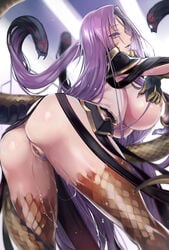 ass bent_over blush breasts censored dat_ass fate/grand_order fate_(series) female fluid gauntlets gorgon_(fate) hijiri huge_breasts lips long_hair looking_at_viewer medusa_(fate) monster_girl nipples open_mouth purple_eyes purple_hair scales smile snake_hair solo tail very_long_hair