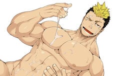 1boy bara cum cum_on_body male_focus multicolored_hair muscle naop naop_(anything) pecs smile solo tagme yaoi