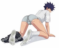 air_gear all_fours blue_hair boxer_briefs bulge feet ikki_minami kou_momota male_focus minami_itsuki simple_background socks spiked_hair stained_clothes stained_panties steam sweat t-shirt track_pants undressing white_background yaoi